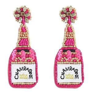 Pink Champagne Bottle Beaded Sequin Earrings